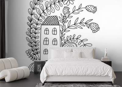 Small house surrounded by flowers. Hand drawn doodle illustration. Relaxing art therapy. Simple floral elements isolated on white background Wall mural