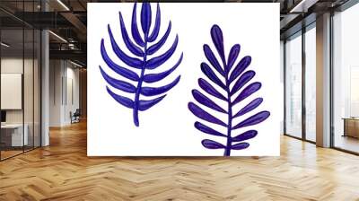 Watercolor blue exotic leaves painting. Hand painted exotic leaves illustration for summer design. Wall mural