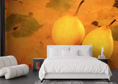 two yellow pears on leaves Wall mural