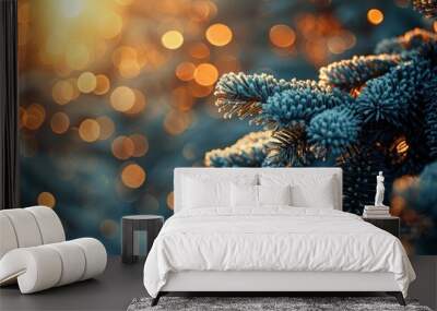 Close-up of frosted pine branches with golden bokeh in winter sunlight Wall mural