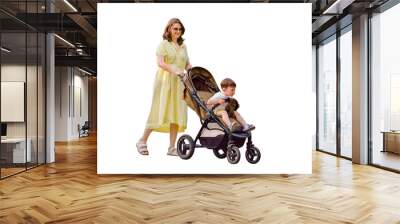 A mother woman walks with a toddler baby in a stroller walking along a path in a summer park, isolated on white background. Kid aged about two years (one year eleven months) Wall mural