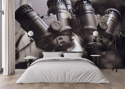 Army binoculars with night vision on a soldier's helmet. Optical device on a military helmet for tracking in war Wall mural