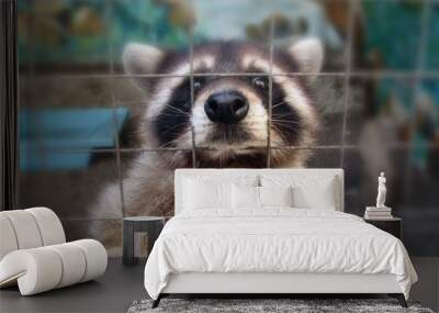 The raccoon in the cage looks sad and plaintively asks for food. Animal in the zoo behind the bars of the fence. Sad raccoon for grid wire in captivity Wall mural