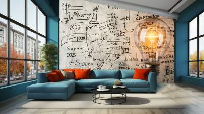 Bright light bulb against white background with handwritten math equations Wall mural