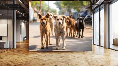 pack of stray stray dogs on a city street. problem of abandoned stray animals Wall mural