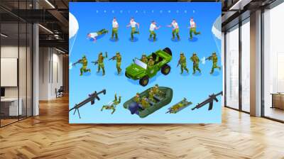 Special Forces of Modern Army off road vehicle military boat Soldiers Paratroopers Set isometric icons on isolated background Wall mural