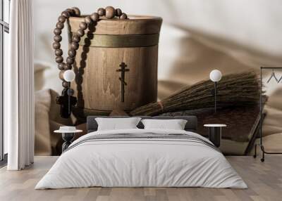 wooden bowl for Holy water, rosary, book and sprinkling device Wall mural