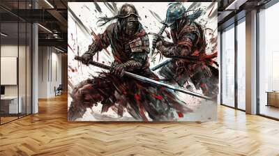 Battle of two samurai with katanas in traditional armor. Medieval Japanese warriors. The soldiers are fighting. generated by AI Wall mural