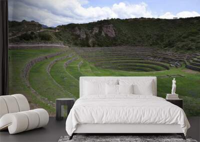 Inca terraces of Moray. Each level has its own microclimate. Moray is an archaeological site near the Sacred Valley Wall mural