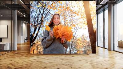 Autumn time. Attractive smiling girl holding yellow bouquet of maple leaves near face. Enjoy autumn season. Wall mural