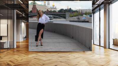 Full length portrait of beautiful blond long haired caucasian woman in eyeglasses, white shirt and black skirt standing on city street on river embankment in a cloudy day. Moscow Kremlin in background Wall mural