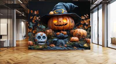 Cute Halloween Characters with Pumpkins and Spooky Autumn Decorations Wall mural