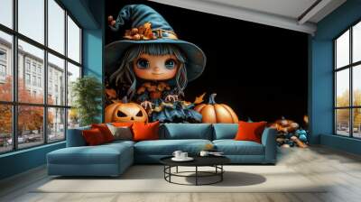 Cute Halloween Characters with Pumpkins and Spooky Autumn Decorations Wall mural