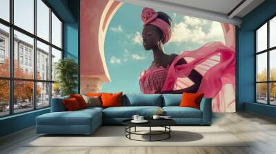 Beautiful smiling african woman in a black hat over colorful pink background. Fashion portrait stylish woman in sunglasses outdoor. Wall mural