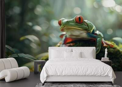 Green frog toad sits on a stone forest Wall mural