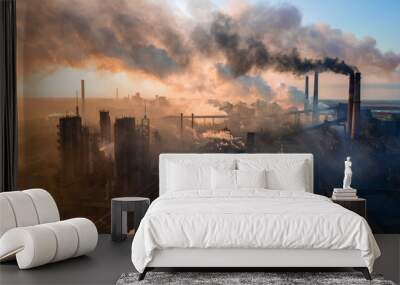 industry metallurgical plant dawn smoke smog emissions bad ecology aerial photography Wall mural