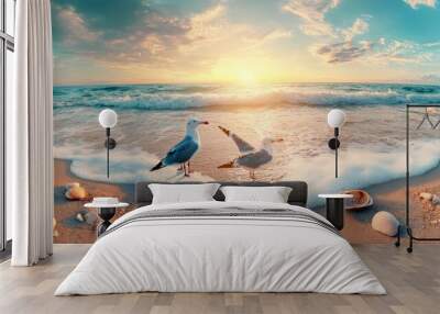 landscape embankment seagull sunset Wall mural