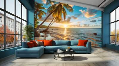 landscape of palm trees at sunset sea Wall mural