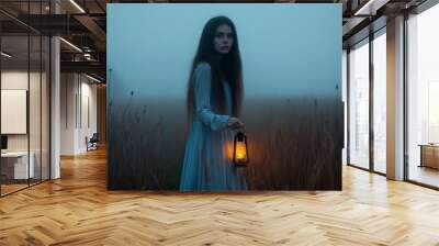 mystical portrait of a girl with a lantern fog Wall mural