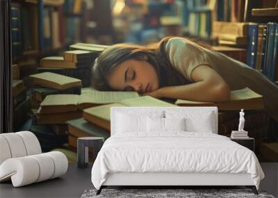 portrait of a girl in a library sleeping on a book Wall mural