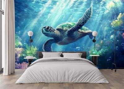 sea ​​turtle swimming underwater Wall mural