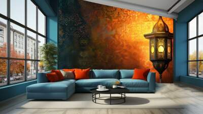 Intricate Ornate Lantern Hanging Against a Warm Orange Wall Wall mural