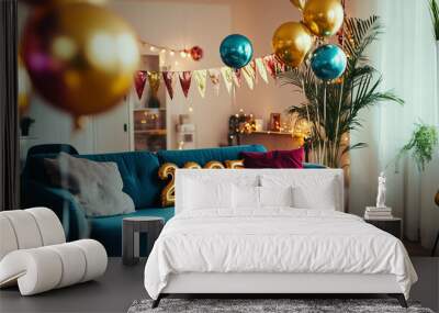 Cozy New Year's Eve party decor with 2025 balloons in living room Wall mural