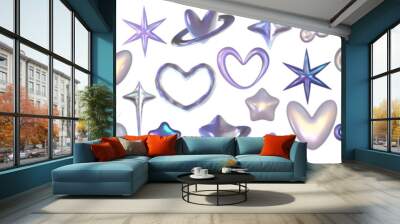 Chrome 3d set metal element. Heart, star and flower holographic shape. 3d chrome vector for futuristic and 90s design Wall mural