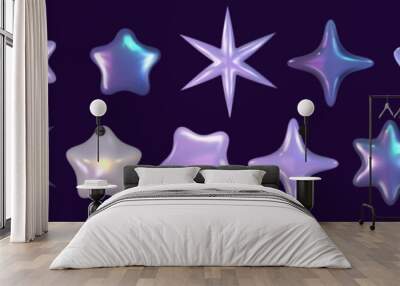 Chrome 3d star set metal element. Silver and purple holographic shape. 3d chrome vector for futuristic and 90s design Wall mural