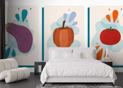 Fashion abstract poster still life with vegetables. Collection of contemporary art. Abstract geometric elements, shapes for social networks with eggplant, pumpkin and tomato Wall mural