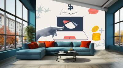 Halftone collage invest banner with hand, laptop. Growth finance business and marketing. Concept with halftone hand. Vector contemporary illustration Wall mural