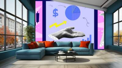 Halftone collage with hand chart. Growth finance business and marketing. Bright concept with halftone hand. Vector contemporary illustration Wall mural