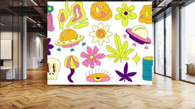 Retro acid trippy set hippy style. Vector y2k hippie elements set. Fun groovy retro clipart elements. Summer flower clipart. Trippy smile trendy. Daisy, cannabis and ufo bright color. Wall mural