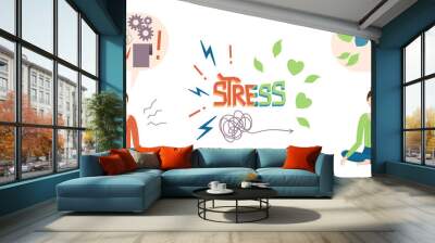 The concept of calm. Nervous stressed woman calms down. Get rid of work problems and find peace. Lettering stress. Vector illustration. Wall mural