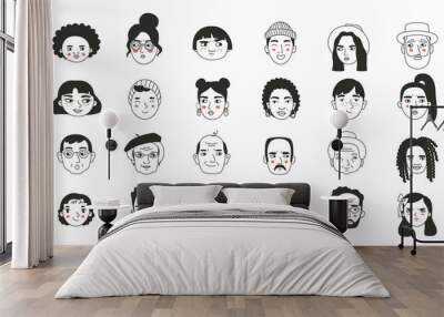 Set of different people s faces, human avatars collection. Different emotions, portrait with a positive facial expression. Wall mural