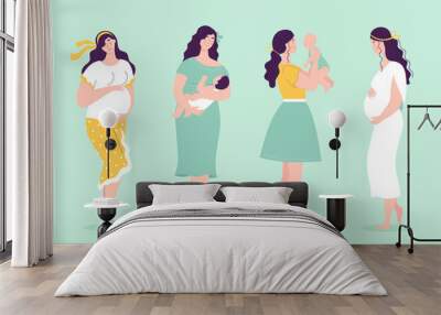 Set of young beautiful pregnant women in full growth. Women with babies. Happy motherhood concept, pregnancy planning. Vector illustration in flat style on white background. Wall mural