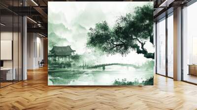 Ancient Chinese ink painting depicting a serene landscape with an old tree, traditional architecture, and distant mountains, capturing tranquility and timeless beauty. Wall mural