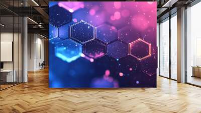 Blue and purple abstract background with glowing hexagons and digital particles on a futuristic design Wall mural