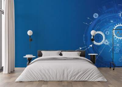 Blue technology background with gears and arrows depicting innovation and mechanical progress Wall mural