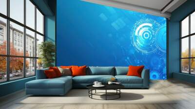 Blue technology background with gears and arrows depicting innovation and mechanical progress Wall mural