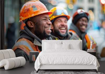 Cheerful construction workers enjoying a break together on site Wall mural