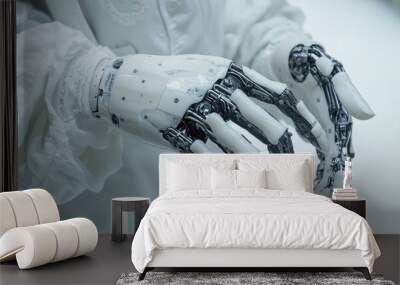 Close-up of a robotic hand with intricate design held in a white sleeve showcasing advanced cybernetics and futuristic technology Wall mural