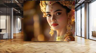 Close-up portrait of a traditional Thai dancer in ornate costume with intricate gold headdress and jewelry, capturing the essence of Thai culture and artistry. Wall mural