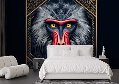 Colorful digital art of a fierce mandrill head front view portrait with geometric background Wall mural