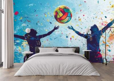 Colorful silhouette of two volleyball players jumping in celebration with a vibrant background Wall mural