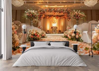 Elegant wedding venue with floral decorations and warm lighting Wall mural