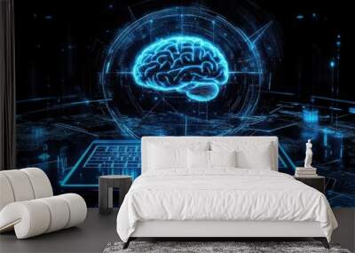 Futuristic digital artwork of an illuminated brain over a laptop, symbolizing artificial intelligence and technological innovation Wall mural