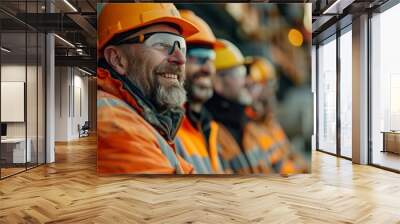 Happy construction team lined up on site showing unity and teamwork Wall mural