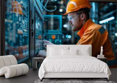 professional engineer in orange jumpsuit working diligently at industrial control panel Wall mural