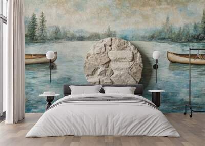 Scenic view of wooden canoes floating on a tranquil lake surrounded by lush forest landscape in Canada Wall mural